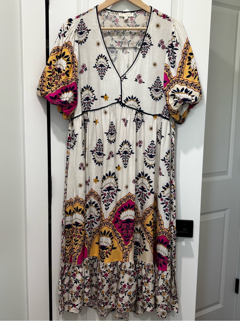 fig and flower Cream Midi Dress with Pink & Mustard Floral Print
